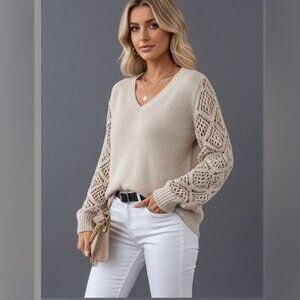 Pointelle Knit Sweater Beige